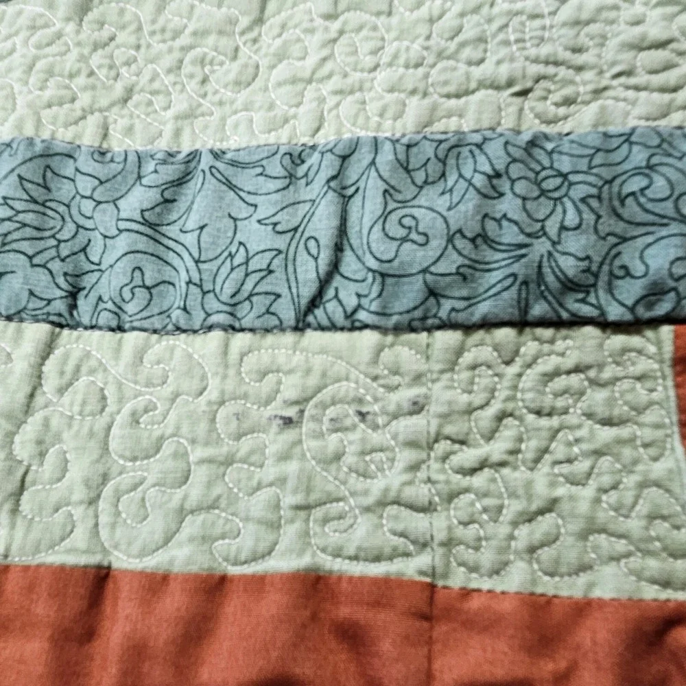 Vintage 90's Handmade Quilt Squares Green Brown Machine Pieced 72x72